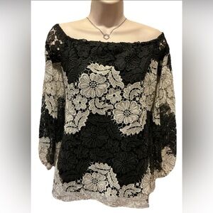 Julian Chang Stunning Black,Ivory Floral Lace Overlay OffShoulder Top-Size S-EUC